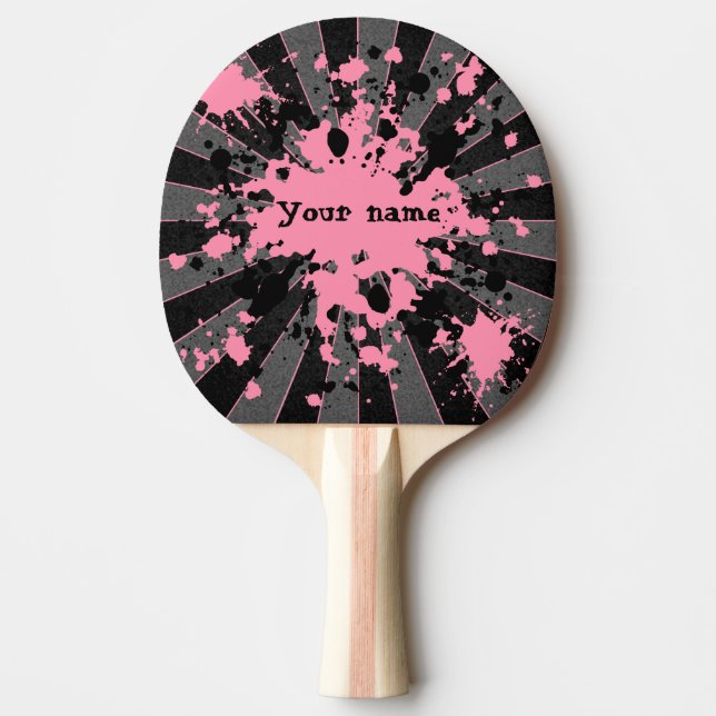Pink paint splatters black and grey personalised ping pong paddle (Front)
