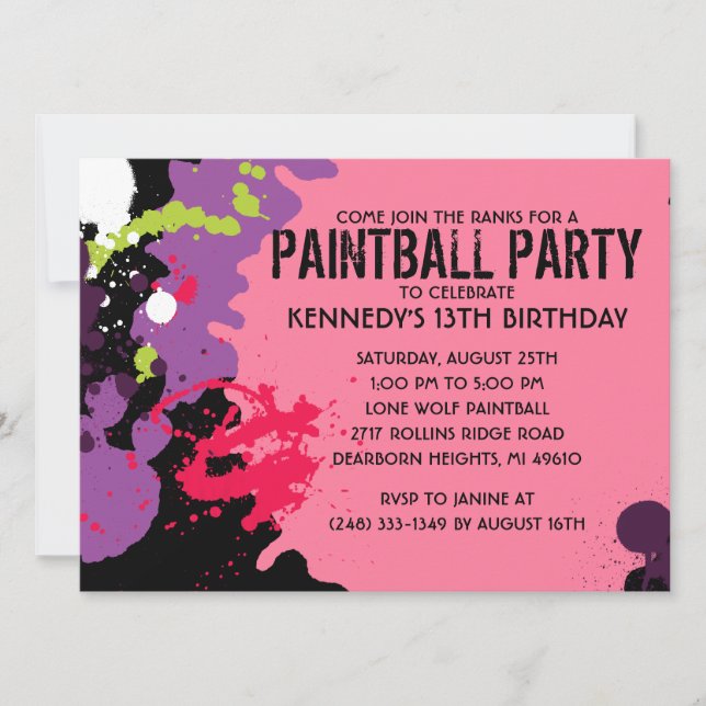 Pink Paintball Splatter Paintball Birthday Party Invitation (Front)