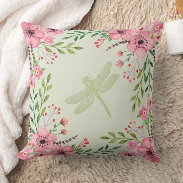 Pink Painted Flowers Green Dragonfly Cushion (Blanket)
