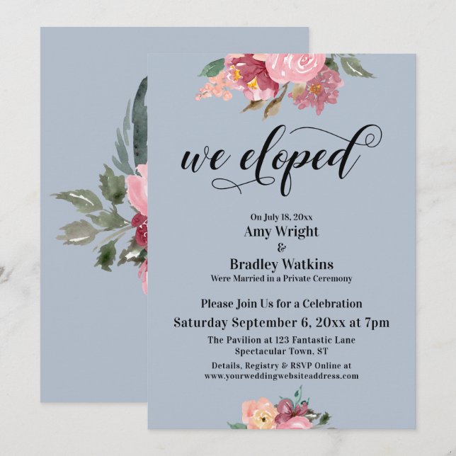 Pink Painted Flowers We Eloped Script, Dusty Blue Invitation (Front/Back)