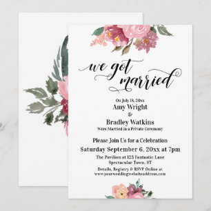 Pink Painted Flowers We Got Married Typography Invitation