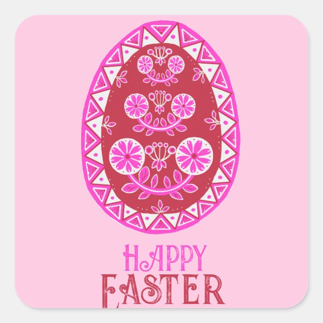 Pink Painted Traditional Ukrainian Easter Egg Square Sticker (Front)