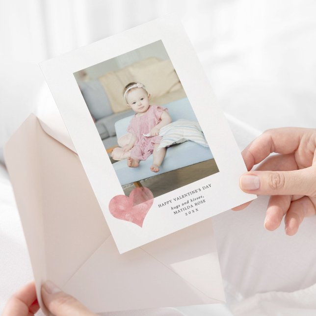 Pink Painterly Heart Modern Valentine's Day Photo Holiday Card (Creator Uploaded)