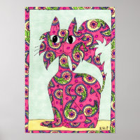 Pink Paisley Cat Folk Art