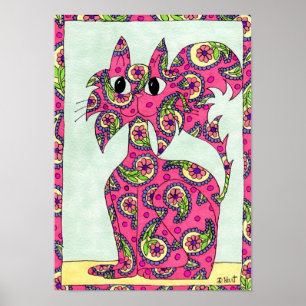 Pink Paisley Cat Folk Art Poster