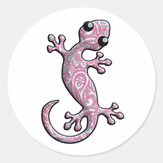 Pink Paisley Gecko Lizard Classic Round Sticker (Front)