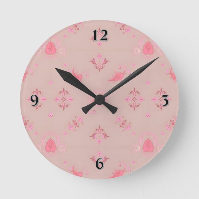 Pink Paisley Pattern Round Clock (Front)
