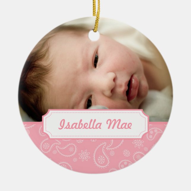 Pink Paisley Photo Christmas Tree Ornament (Front)