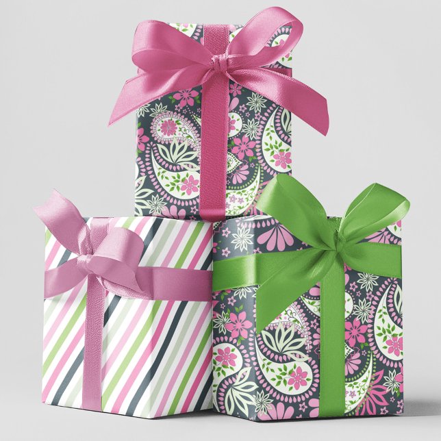 Pink Paisley Print Pattern Bright Wrapping Paper Sheet (Pink and grey paisley print wrapping paper)