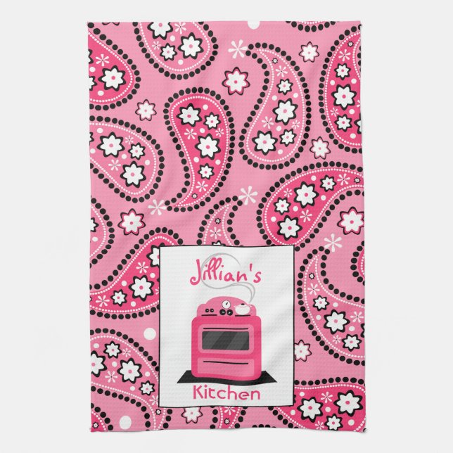 Pink Paisley & Stove Personalised Kitchen Towel (Vertical)