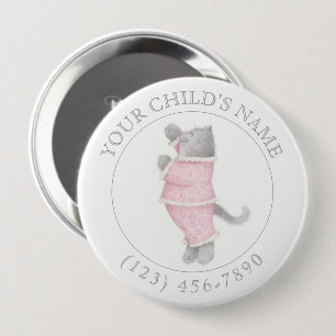 PINK PAJAMAS CAT Child ID Button - White
