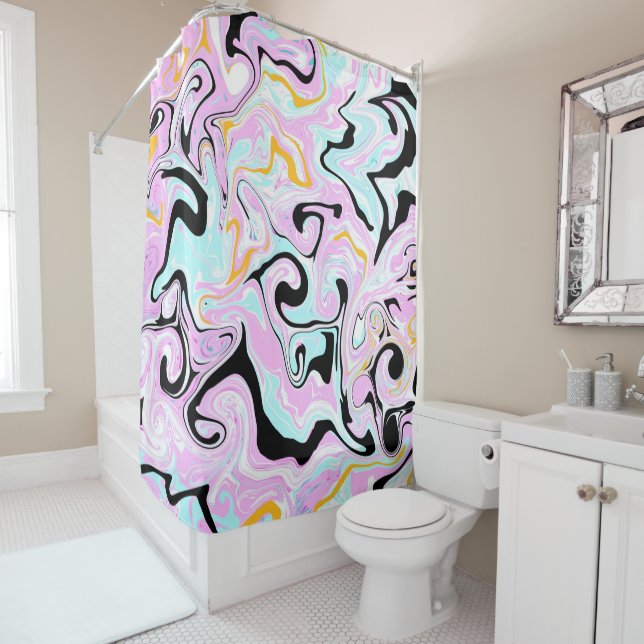 Pink, Pale Blue Black and Gold Swirls Fluid Art Shower Curtain (In Situ)