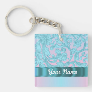 Pink & pale blue damask lace key ring
