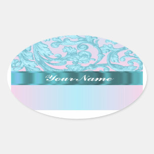 Pink & pale blue damask lace oval sticker