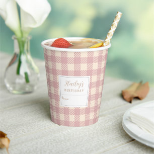 pink pale purple lavander preppy gingham plaid paper cups