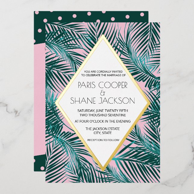 Pink Palm Deco Wedding Gold Foil Invitation (Front/Back)
