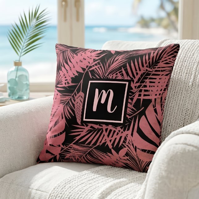 Pink palm leaf pattern monogram modern script  cushion (Creator Uploaded)
