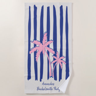 Pink Palm Pair on Blue Stripes Bachelorette Party Beach Towel