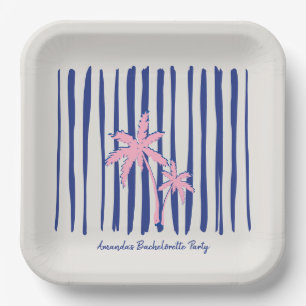 Pink Palm Pair on Blue Stripes Bachelorette Party Paper Plate