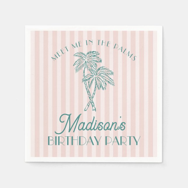 Pink Palm Spring Pastel Beach Birthday Party Napkin (Front)