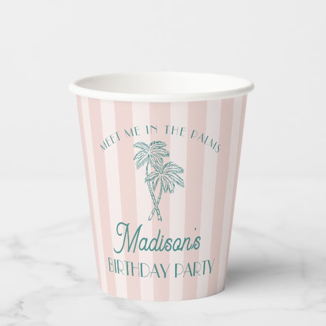 Pink Palm Spring Pastel Beach Birthday Party Paper Cups (Front)