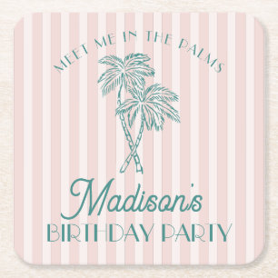 Pink Palm Spring Pastel Beach Birthday Party Square Paper Coaster