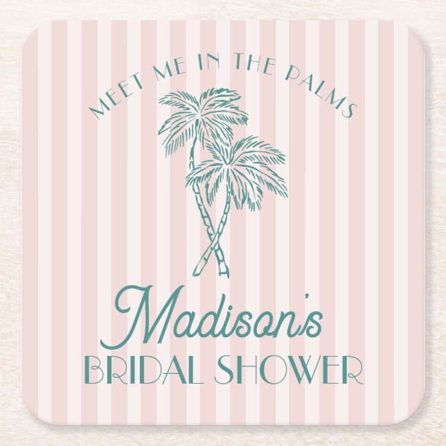 Pink Palm Spring Pastel Beach Bridal Shower Square Paper Coaster (Front)