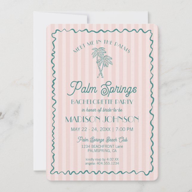 Pink Palm Springs Pastel Beach Bachelorette Party Invitation (Front)