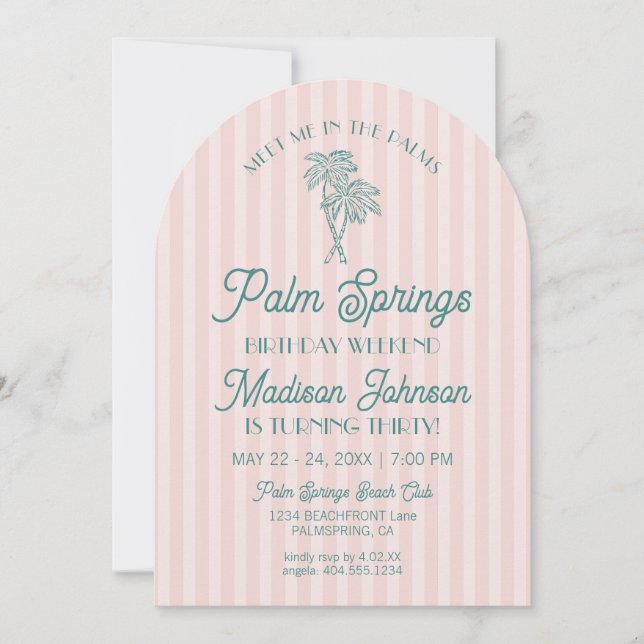 Pink Palm Springs Pastel Beach Birthday Weekend Invitation (Front)