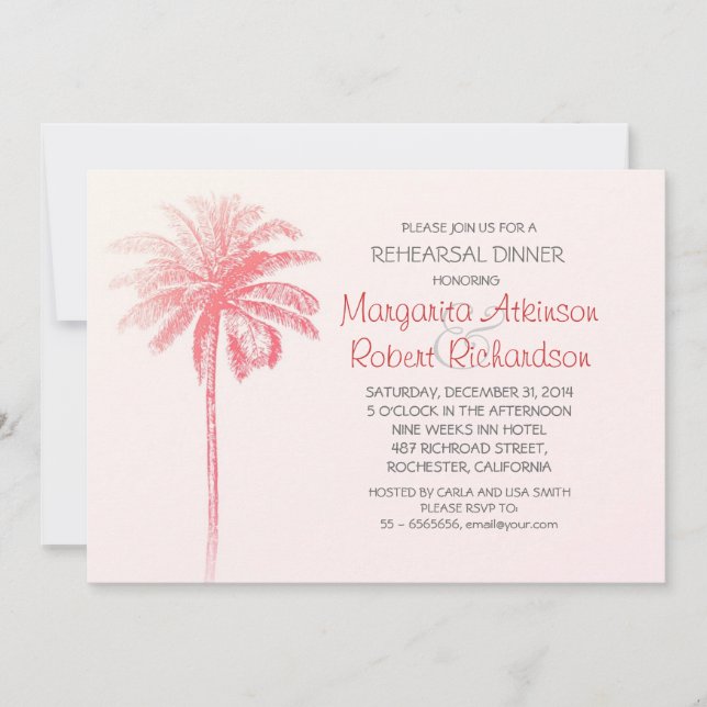 pink palm tree beach rehearsal dinner invitation (Front)