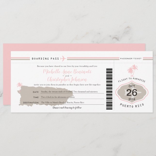 Pink Palm Tree Boarding Pass Puerto Rico Wedding Invitation (Front/Back)