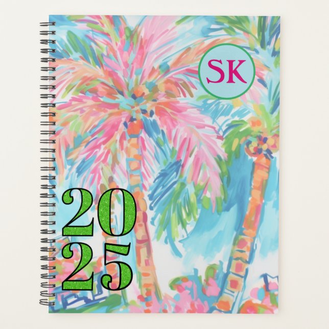 Pink Palm Tree Themed Hardcover Spiral Planner (Front)