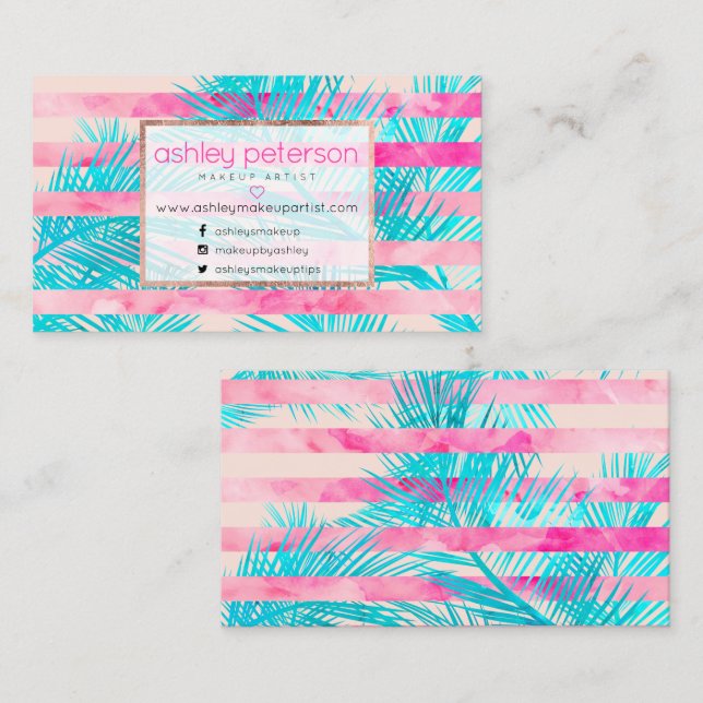 Pink palm tree watercolor stripes makeup artist business card (Front/Back)