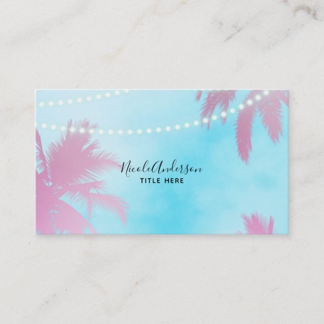 Pink Palm Trees & Blue Sky Lights Beachy Glam Business Card (Front)