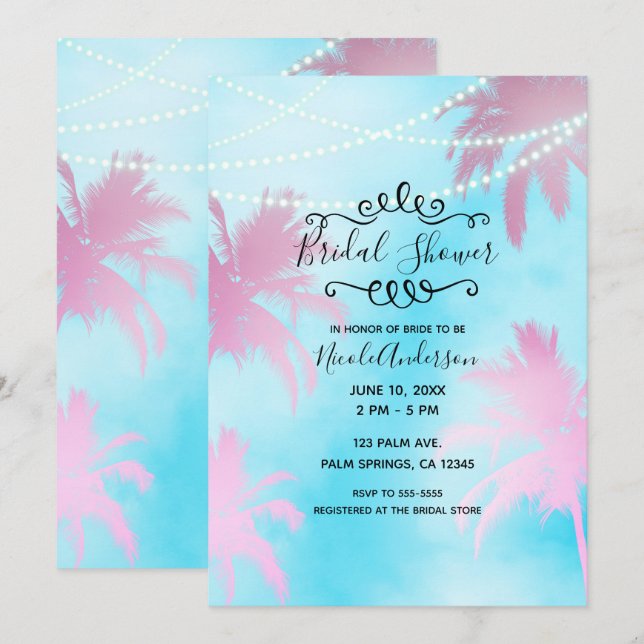 Pink Palm Trees Blue Sky & Lights Bridal Shower Invitation (Front/Back)
