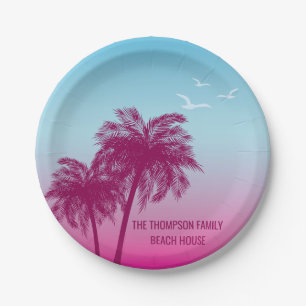 Pink Palm Trees On Blue Tropical Summer Paper Plate