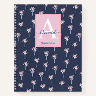 Pink Palm trees on navy patterned Monogrammed  Notebook