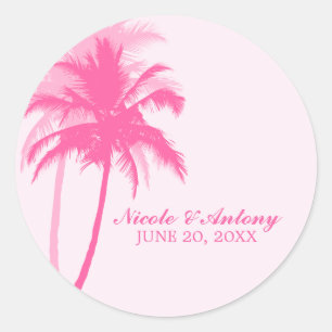 Pink Palm Trees Wedding Classic Round Sticker