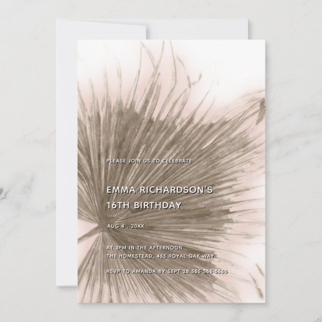 Pink Palm Tropical Botanical Leaf 16th Birthday Invitation (Front)