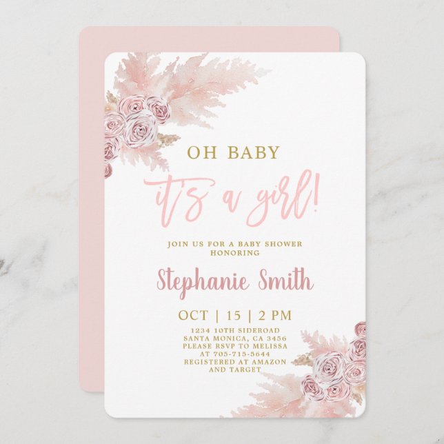 Pink Pampas Grass Baby Shower Girl Invitation (Front/Back)