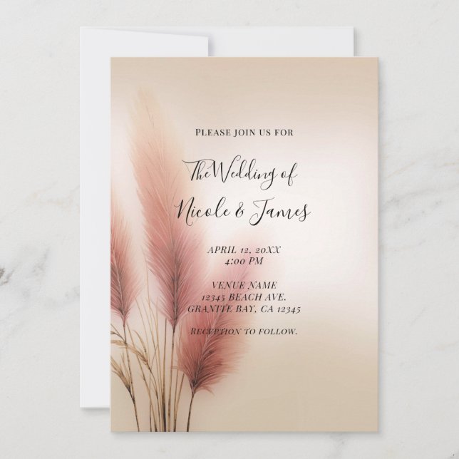 Pink Pampas Grass Bohemian Boho Wedding Invitation (Front)