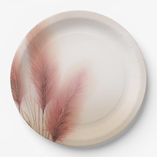 Pink Pampas Grass Bohemian Boho Wedding Paper Plate (Front)