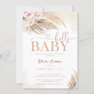 Pink Pampas Grass Boho Hello Baby Girl Baby Shower Invitation