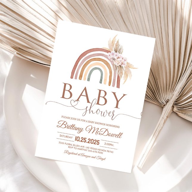 Pink Pampas Grass Boho Rainbow Baby Shower Invitation (Creator Uploaded)