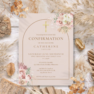 Pink Pampas Grass Floral Gold Arch Confirmation Invitation Postcard