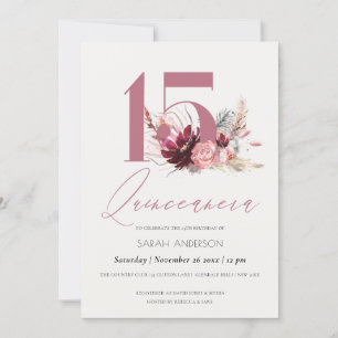 Pink Pampas Grass Quinceanera 15th Birthday Invite