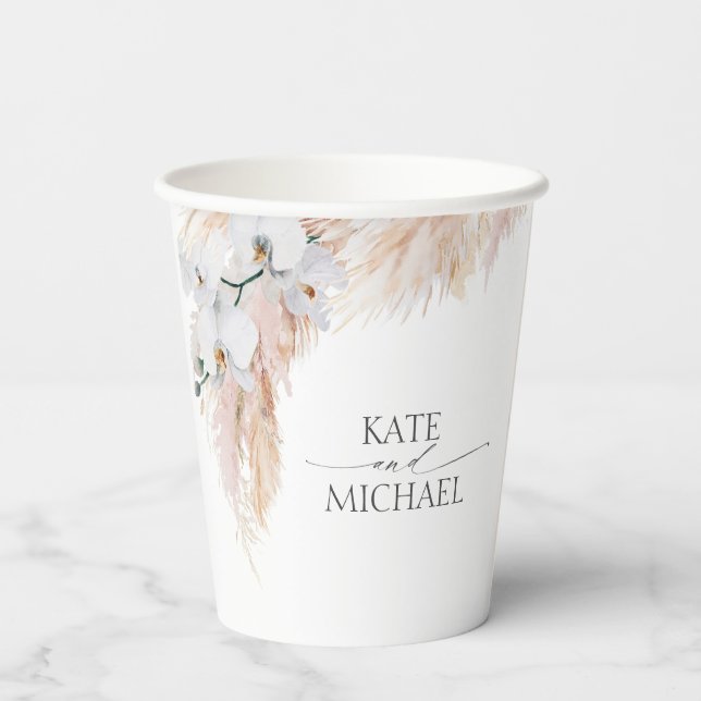 Pink Pampas Grass White Orchids Tropical Exotic Paper Cups (Back)