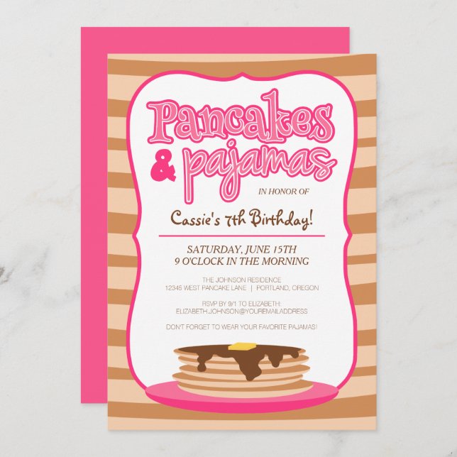 Pink Pancakes and Pyjamas Birthday Invitation (Front/Back)