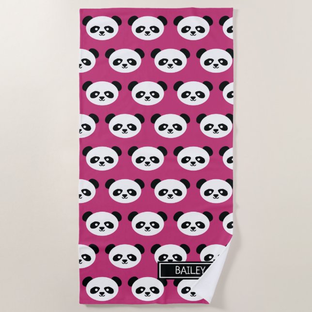 Pink Panda Bear Pattern Kawaii Personalised Kids Beach Towel (Front)