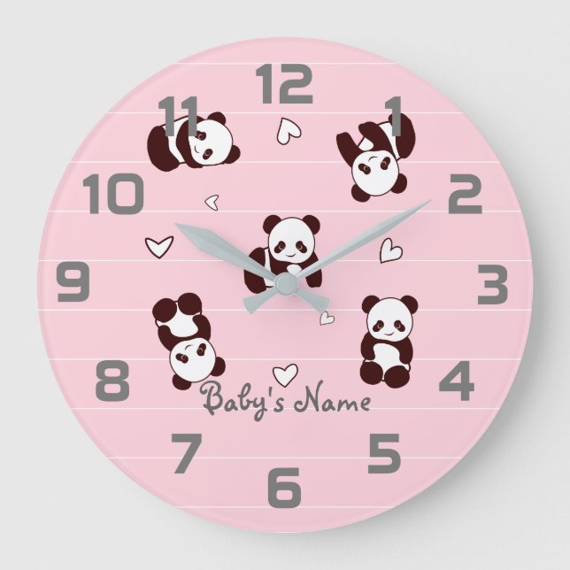 Pink Panda Heart Nursery Decor Wall Clock (Front)